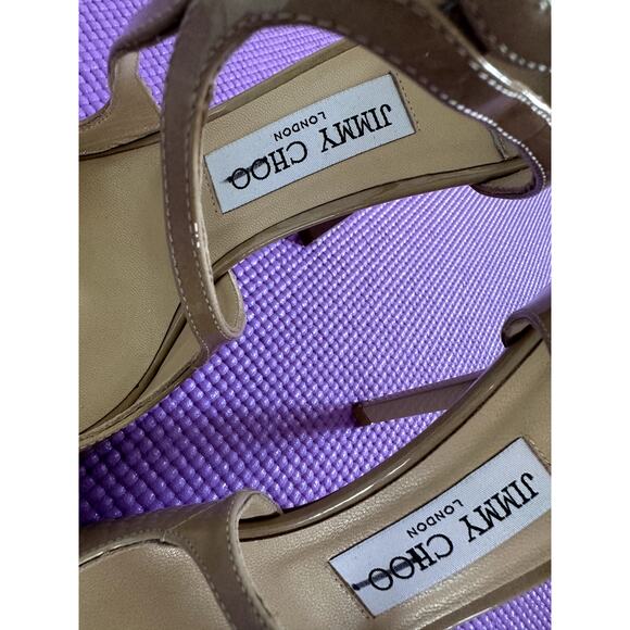 $850 Jimmy Choo Sandals Beige Patent leather Heels Size 37.5 NEW Made in Italy - Picture 10 of 14